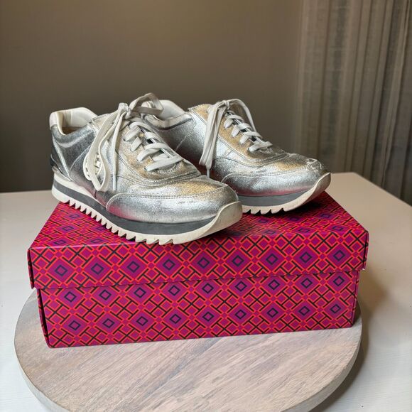 Tory Burch Shoes - Tory Burch Silver Snow‎ White 020 Metallic Sawtooth Logo Sneakers Size 10 59985
